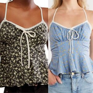NWT Free People 2pc Sammi Floral Camisole Peplum Tops XL Black & Allure Blue